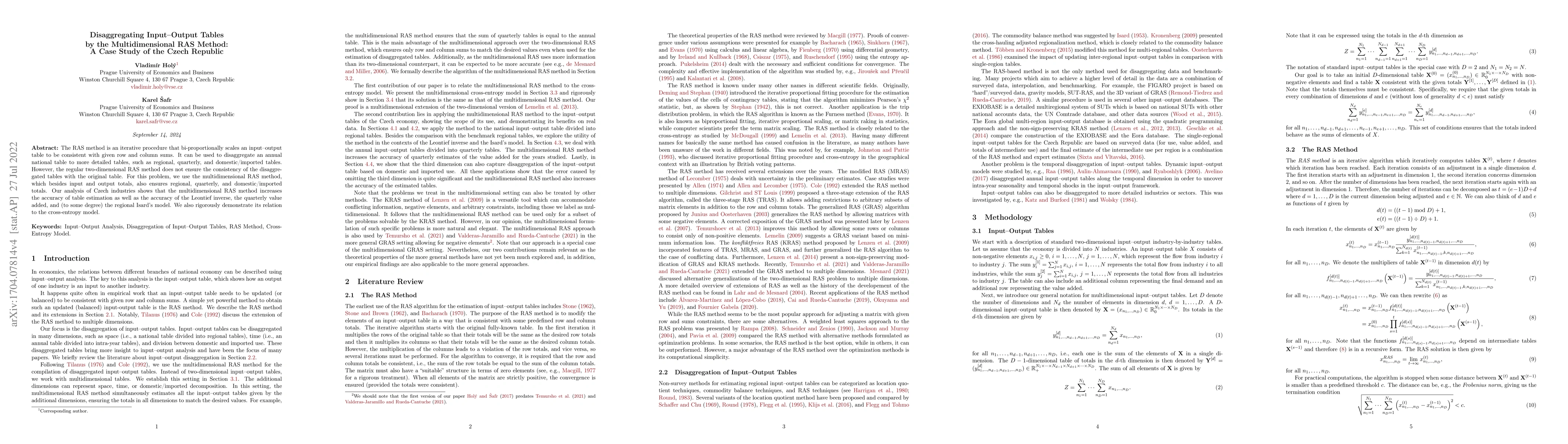 Thumbnail for Disaggregating Input--Output Tables by the Multidimensional RAS Method:
  A Case Study of the Czech Republic