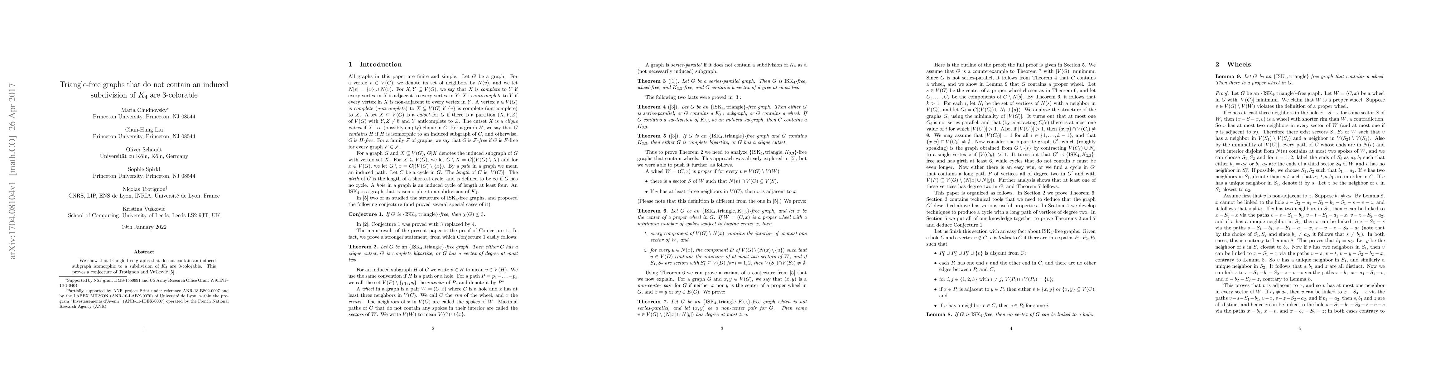 Thumbnail for Triangle-free graphs that do not contain an induced subdivision of $K_4$
  are 3-colorable