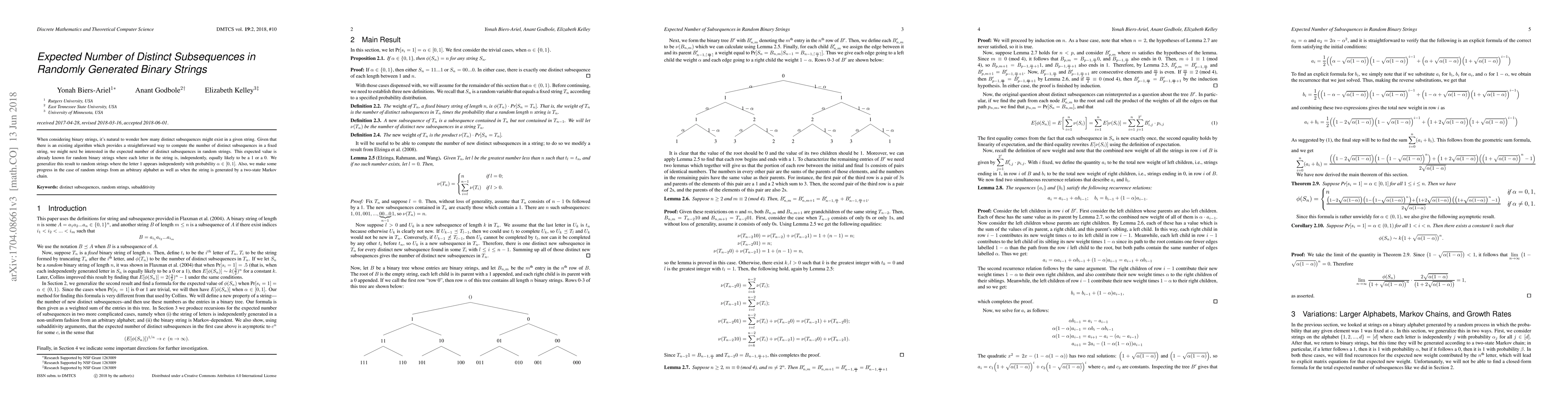 Thumbnail for Expected Number of Distinct Subsequences in Randomly Generated Binary
  Strings