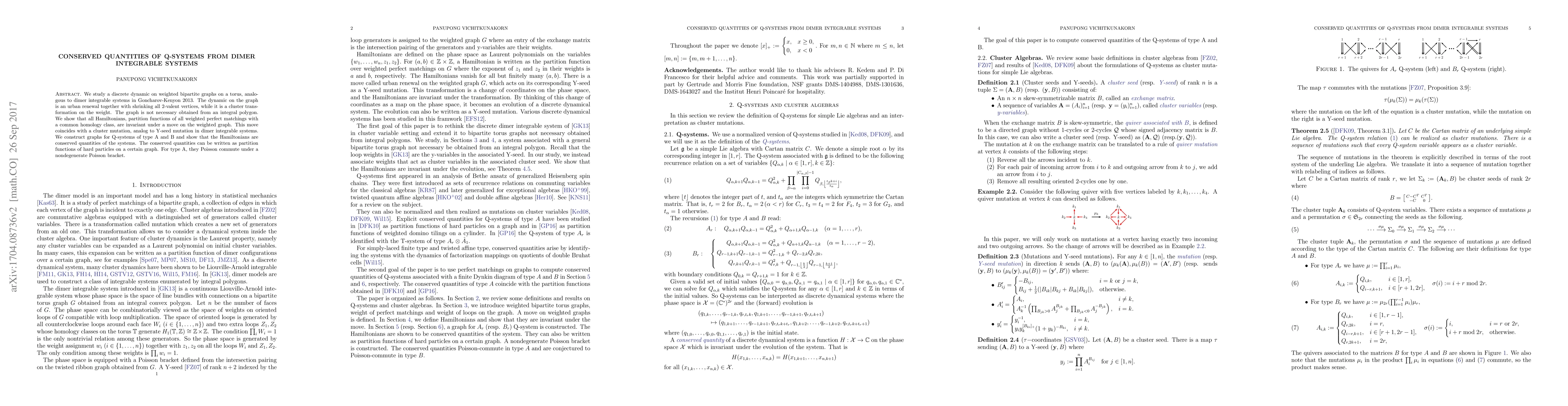 Thumbnail for Conserved quantities of Q-systems from dimer integrable systems