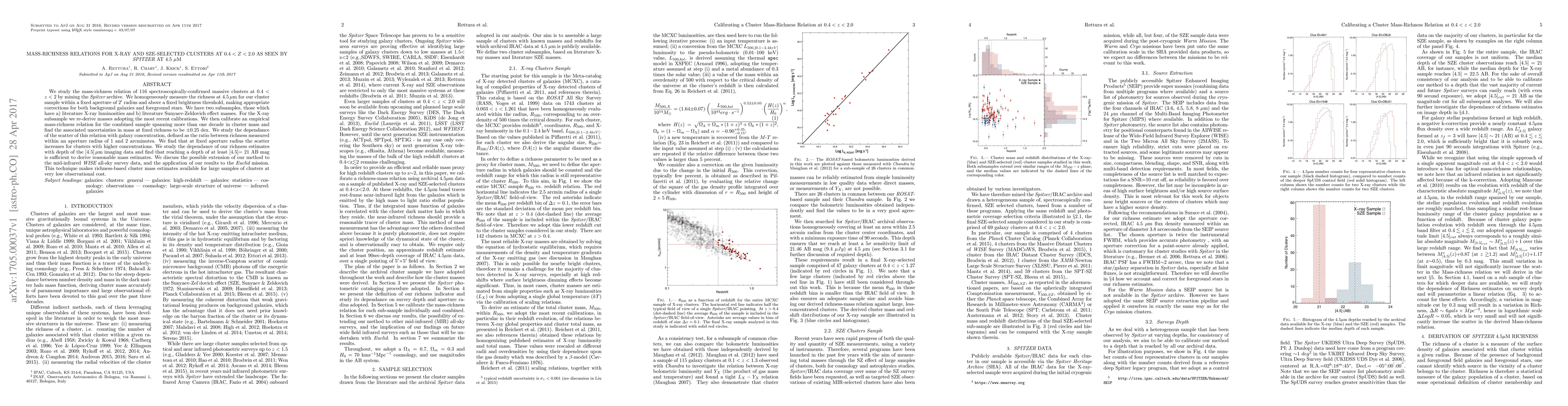 Thumbnail for Mass-Richness relations for X-ray and SZE-selected clusters at $0.4 < z
  <2.0$ as seen by $Spitzer$ at 4.5$\mu$m