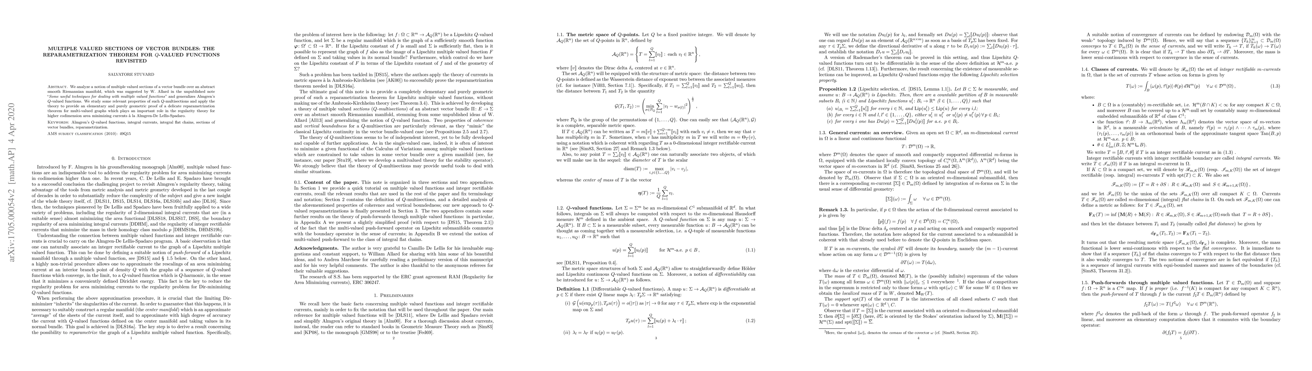 Thumbnail for Multiple valued sections of vector bundles: the reparametrization
  theorem for $Q$-valued functions revisited
