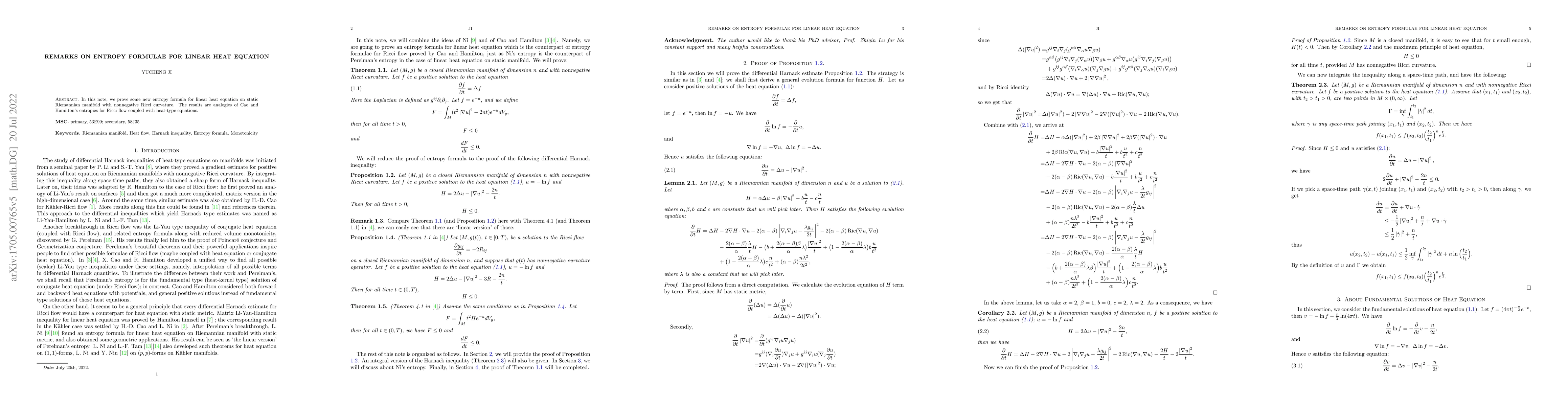 Thumbnail for Remarks on Entropy Formulae for Linear Heat Equation