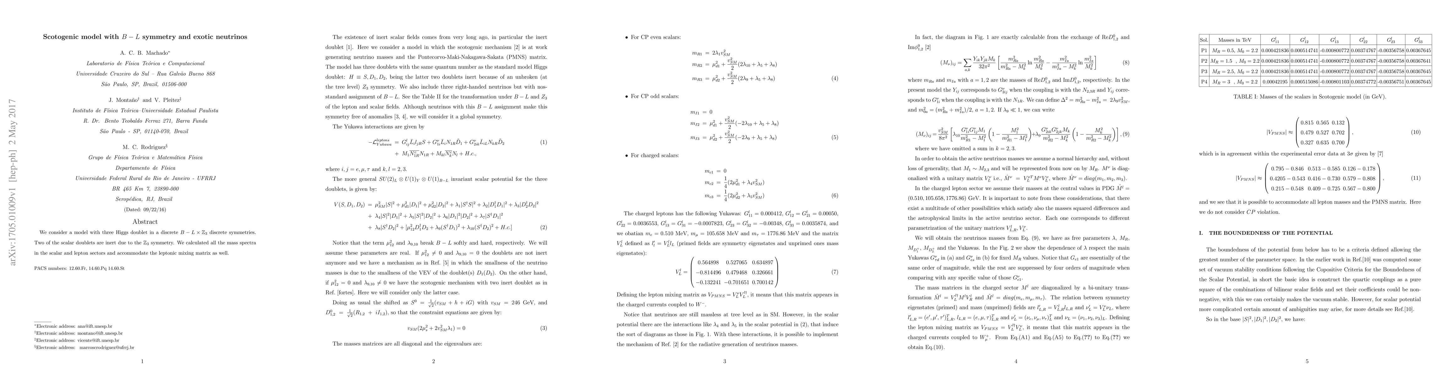 Thumbnail for Scotogenic model with $B - L$ symmetry and exotic neutrinos