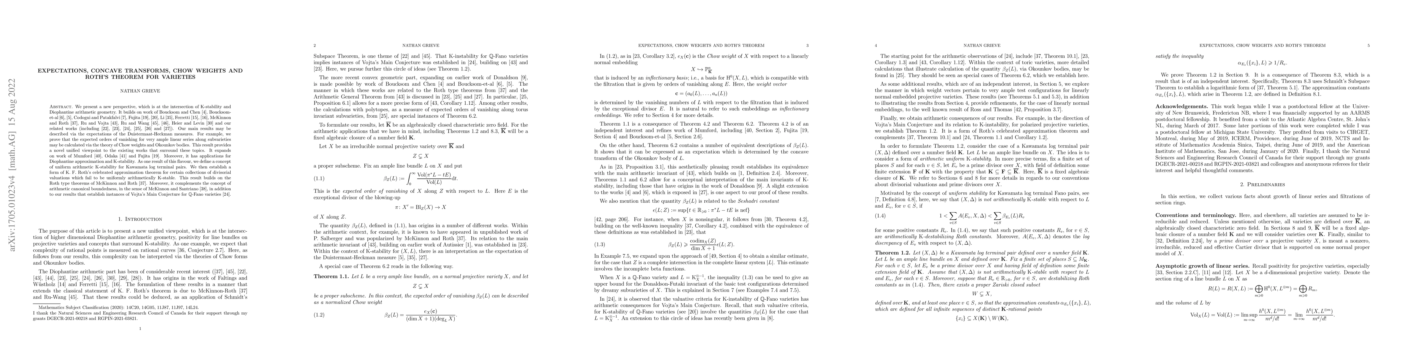 Thumbnail for Expectations, Concave Transforms, Chow weights, and Roth's theorem for
  varieties