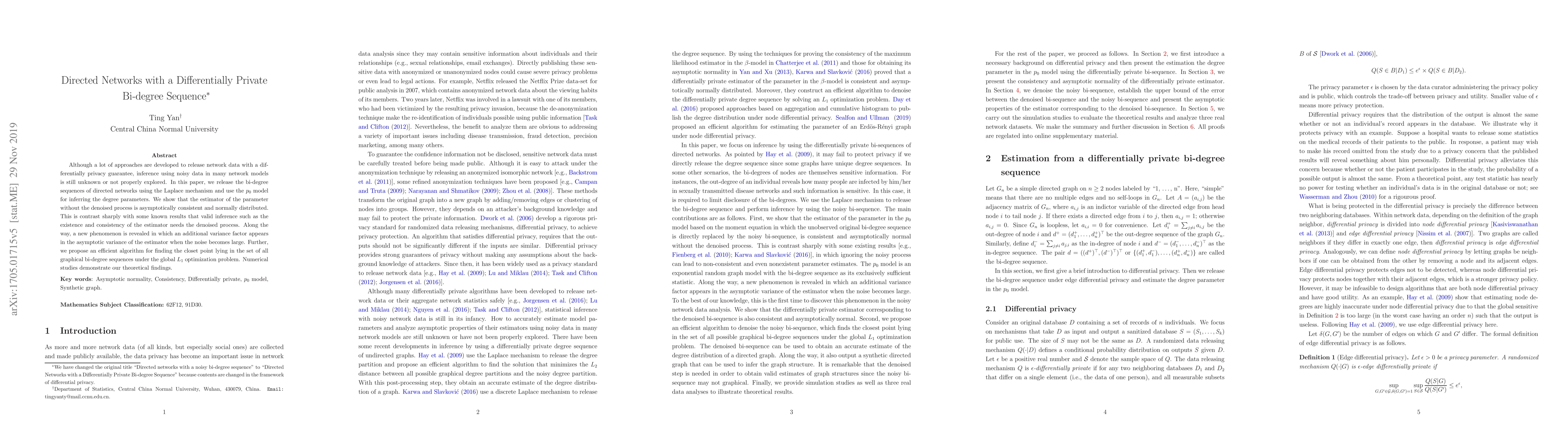 Thumbnail for Directed Networks with a Differentially Private Bi-degree Sequence