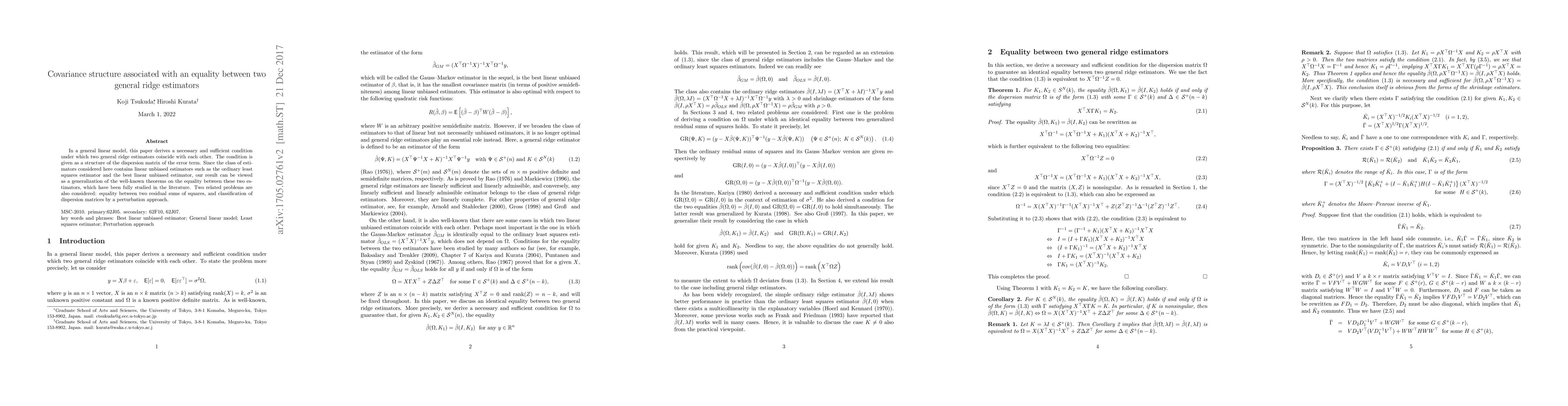 Thumbnail for Covariance structure associated with an equality between two general
  ridge estimators