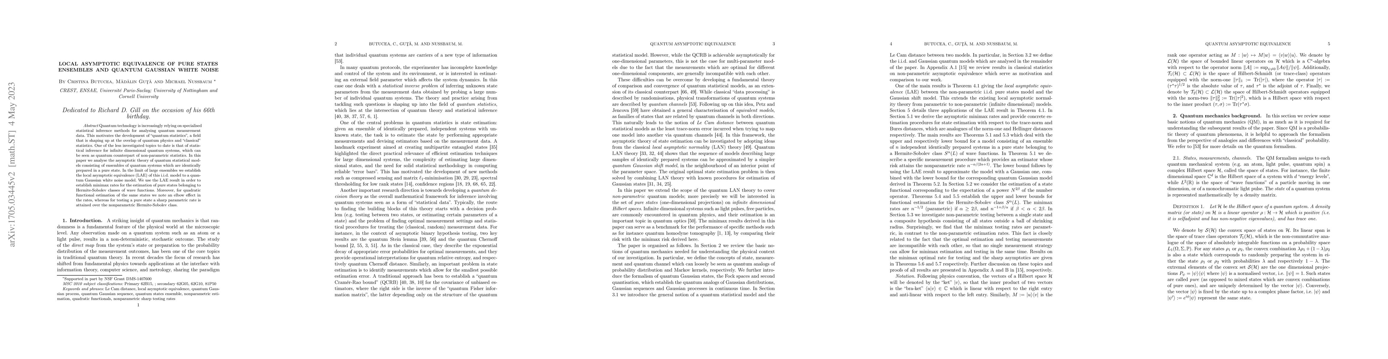 Thumbnail for Local asymptotic equivalence of pure quantum states ensembles and
  quantum Gaussian white noise