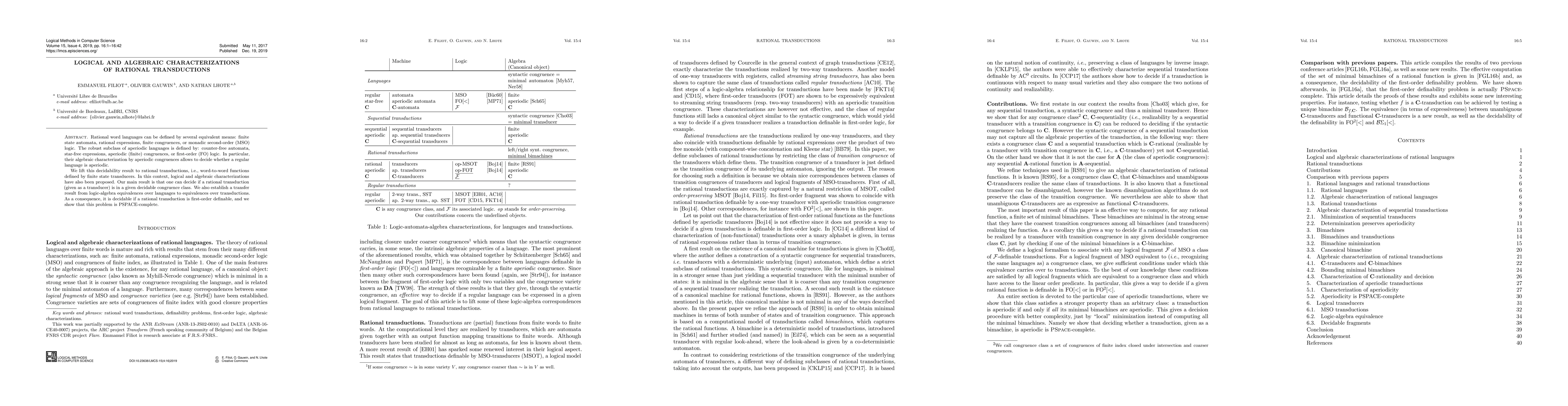 Thumbnail for Logical and Algebraic Characterizations of Rational Transductions