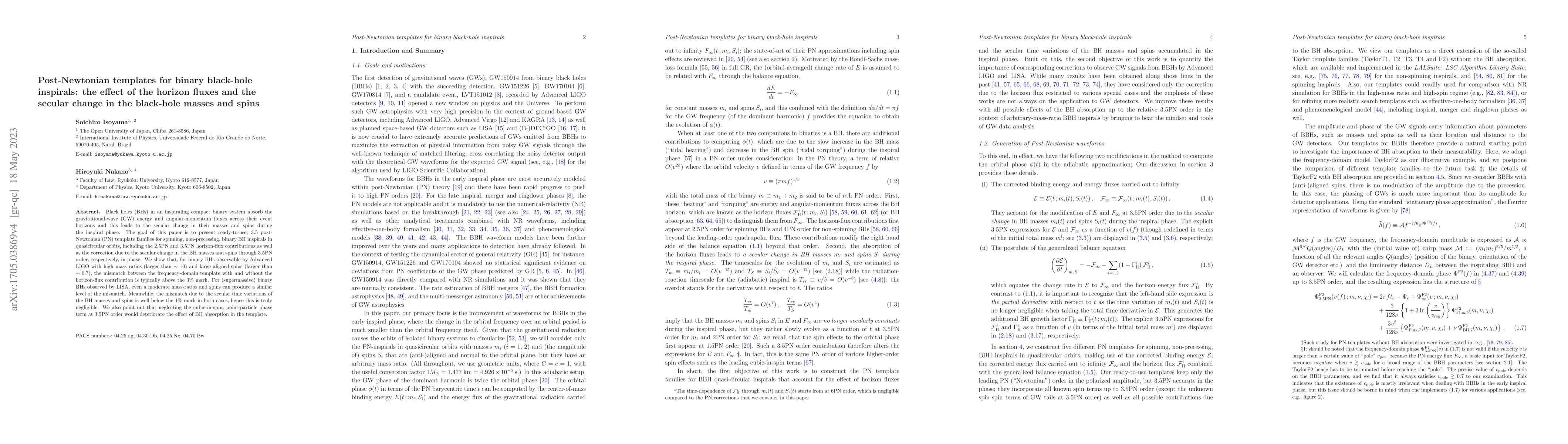 Thumbnail for Post-Newtonian templates for binary black-hole inspirals: the effect of
  the horizon fluxes and the secular change in the black-hole masses and spins
