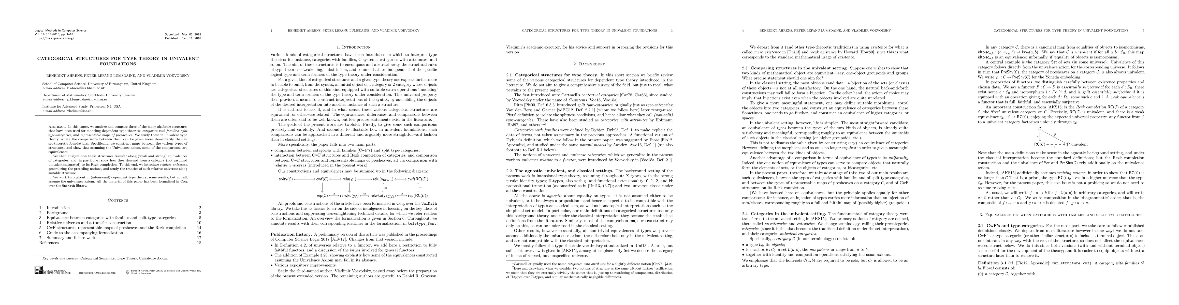 Thumbnail for Categorical structures for type theory in univalent foundations