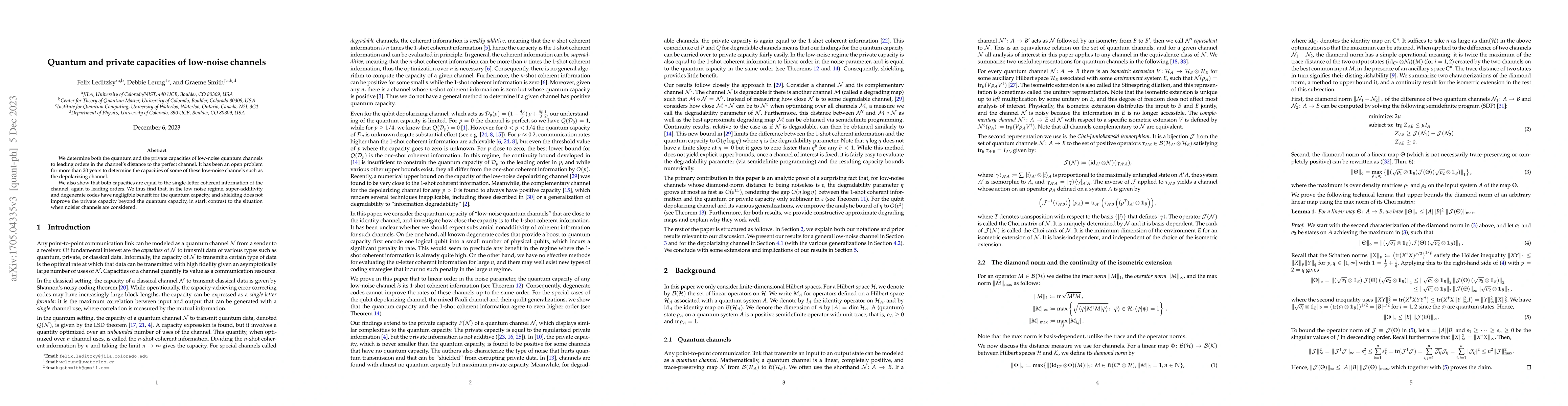Thumbnail for Quantum and private capacities of low-noise channels