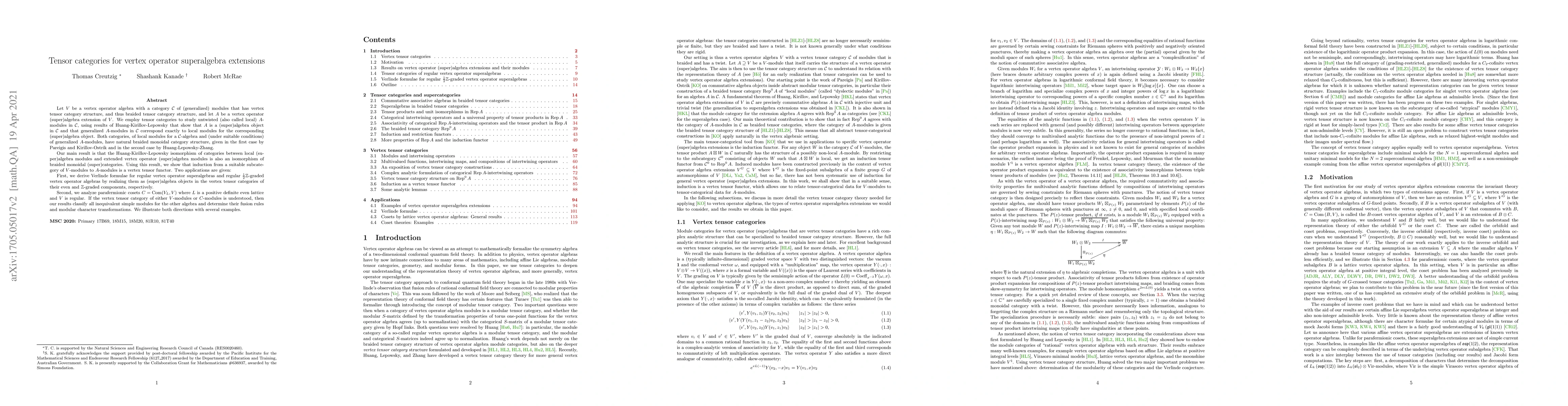 Thumbnail for Tensor categories for vertex operator superalgebra extensions
