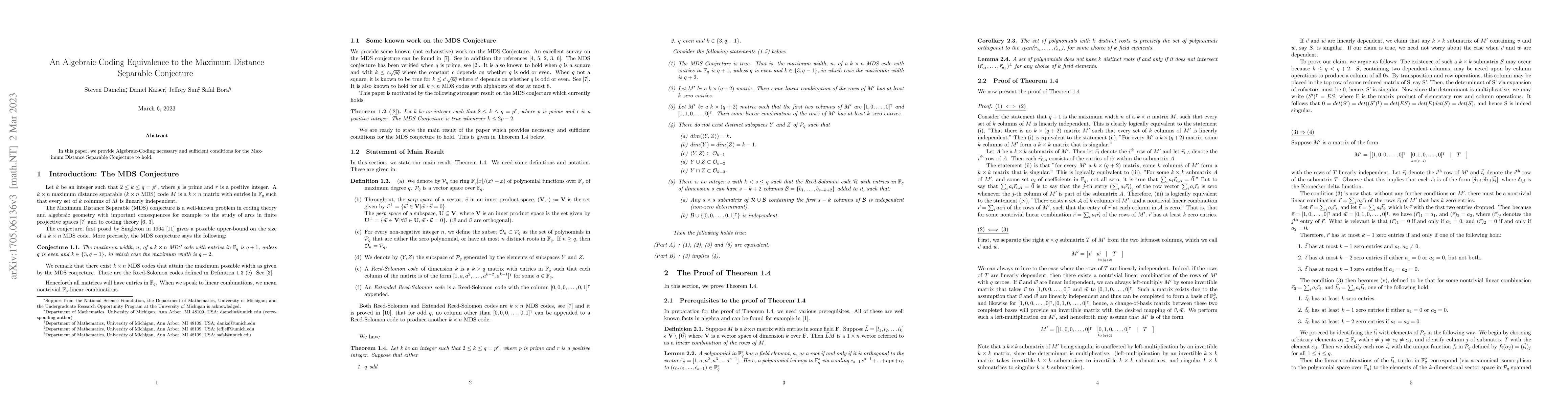 Thumbnail for An Algebraic-Coding Equivalence to the Maximum Distance Separable
  Conjecture