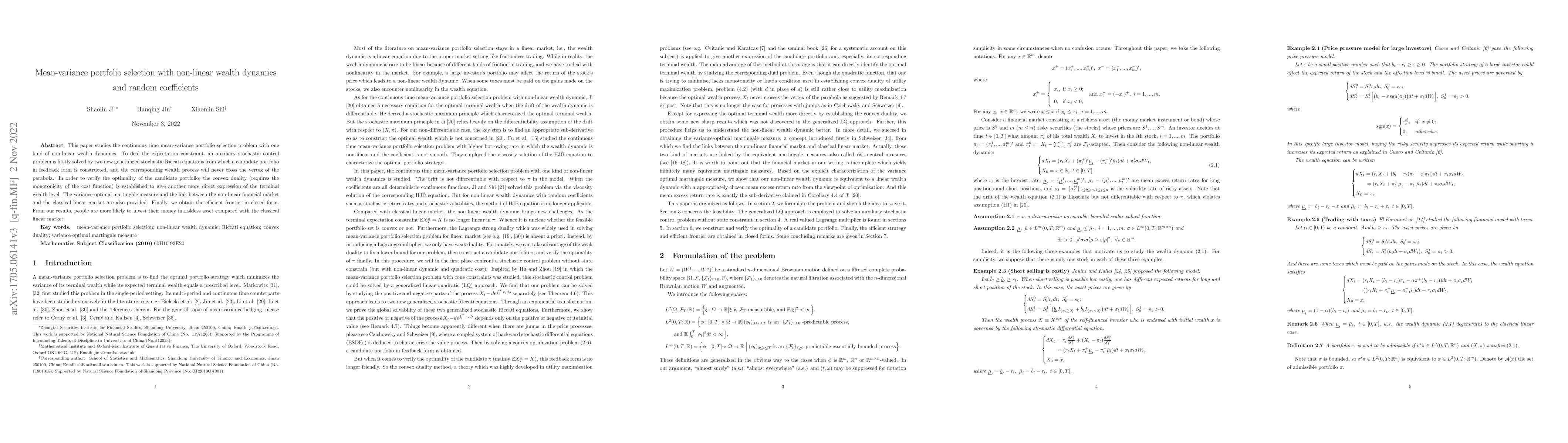 Thumbnail for Mean-variance portfolio selection with nonlinear wealth dynamics and
  random coefficients