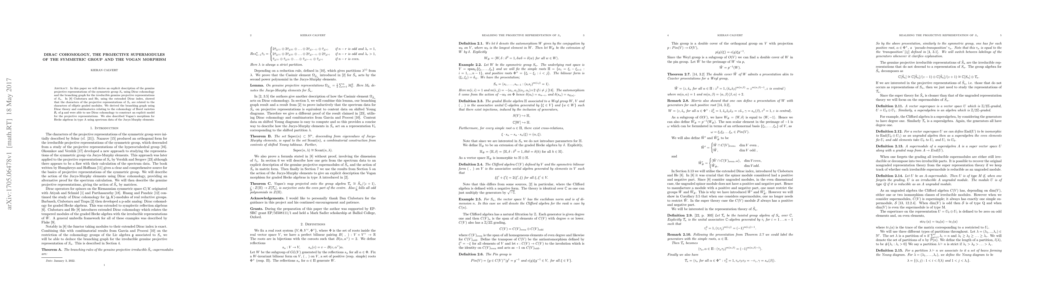 Thumbnail for Dirac cohomology, the projective supermodules of the symmetric group and
  the Vogan morphism