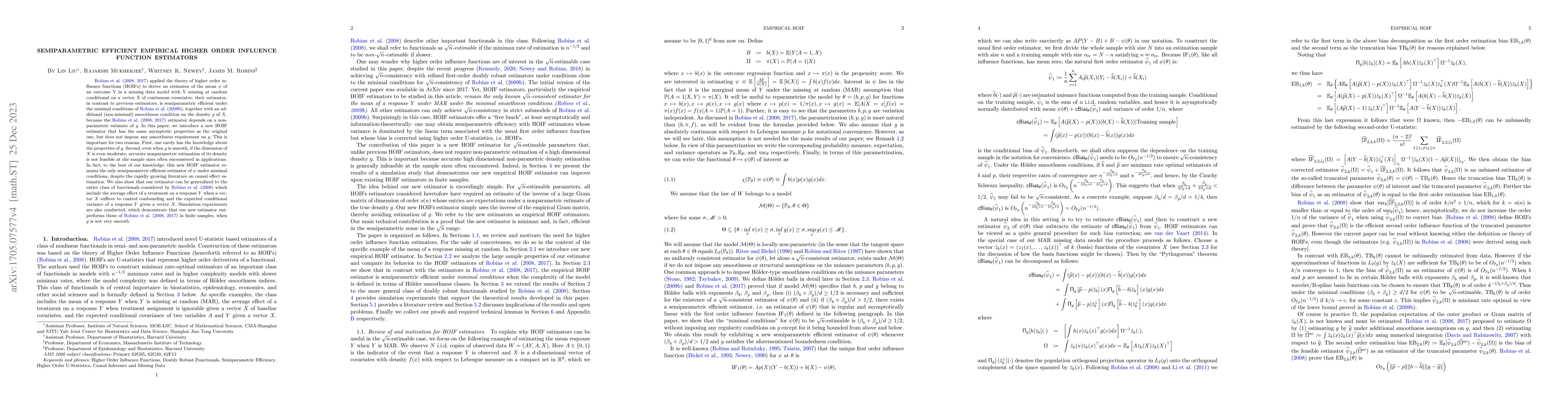 Thumbnail for Semiparametric Efficient Empirical Higher Order Influence Function
  Estimators