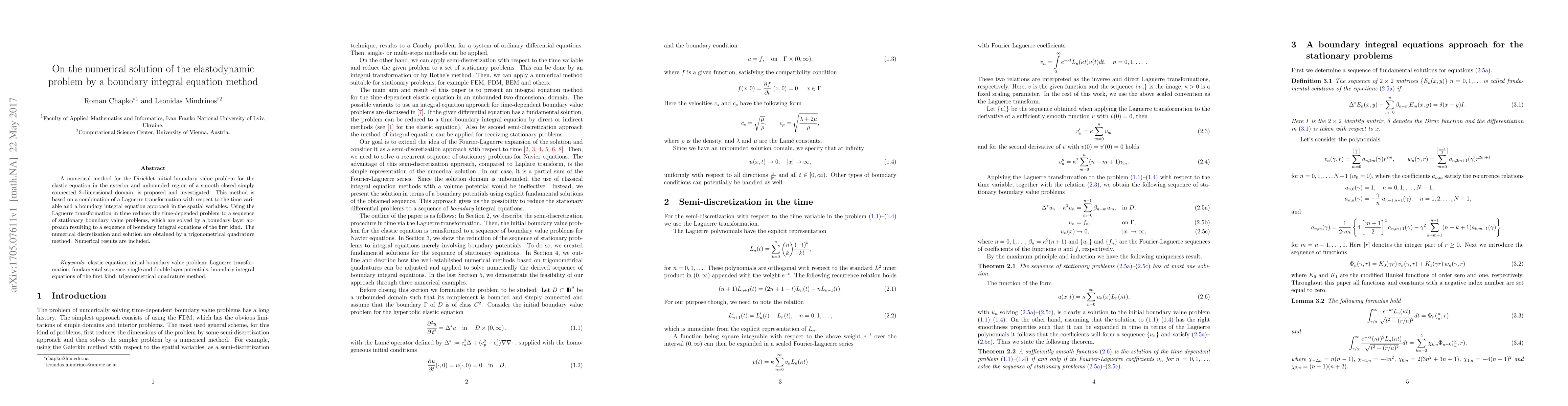 Thumbnail for On the numerical solution of the elastodynamic problem by a boundary
  integral equation method