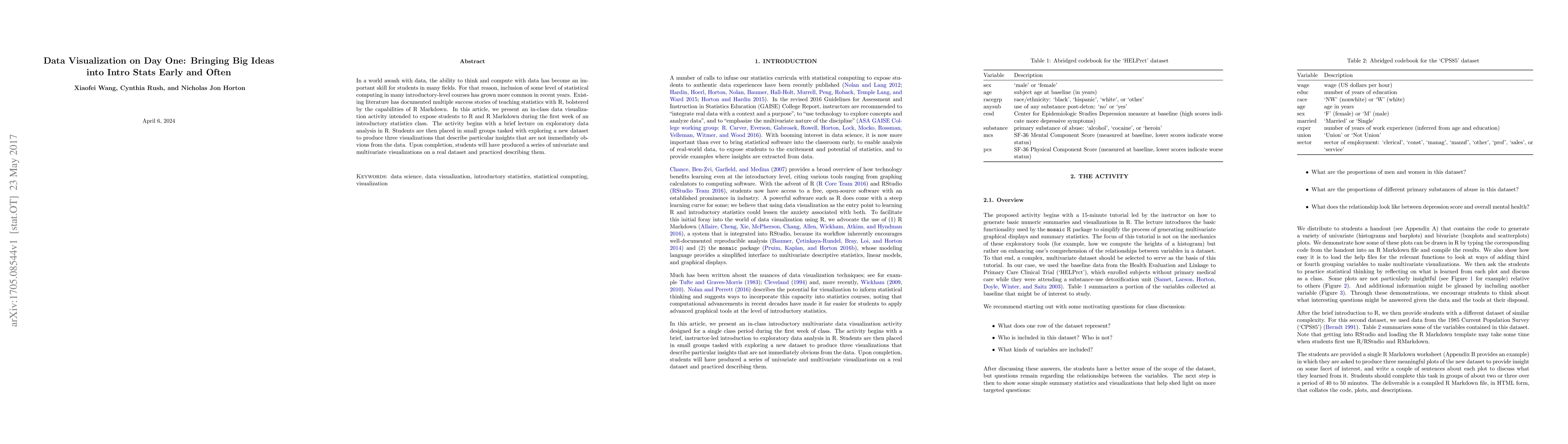 Thumbnail for Data Visualization on Day One: Bringing Big Ideas into Intro Stats Early
  and Often