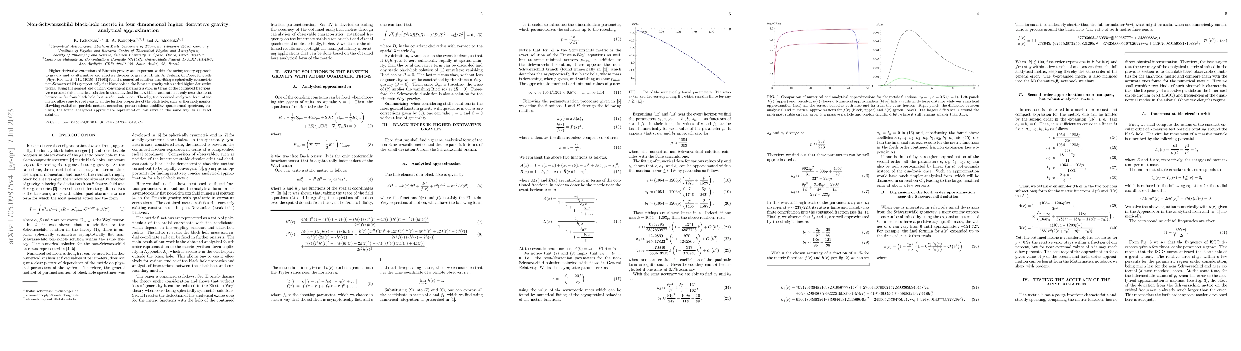 Thumbnail for Non-Schwarzschild black-hole metric in four dimensional higher
  derivative gravity: analytical approximation