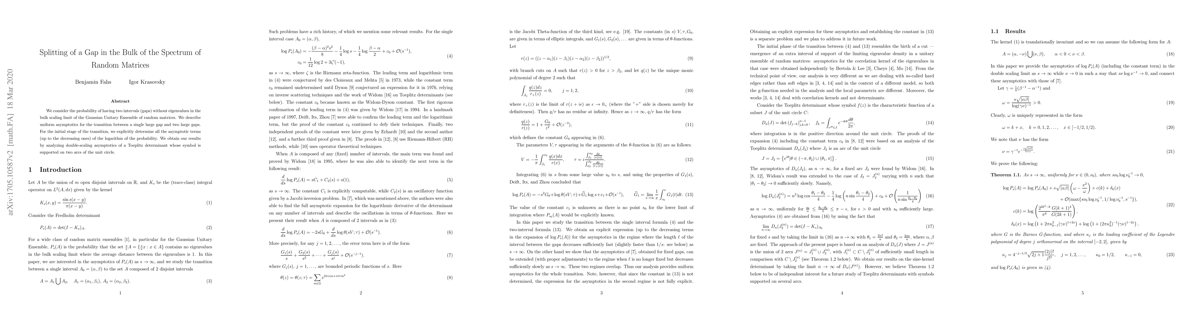 Thumbnail for Splitting of a gap in the bulk of the spectrum of random matrices