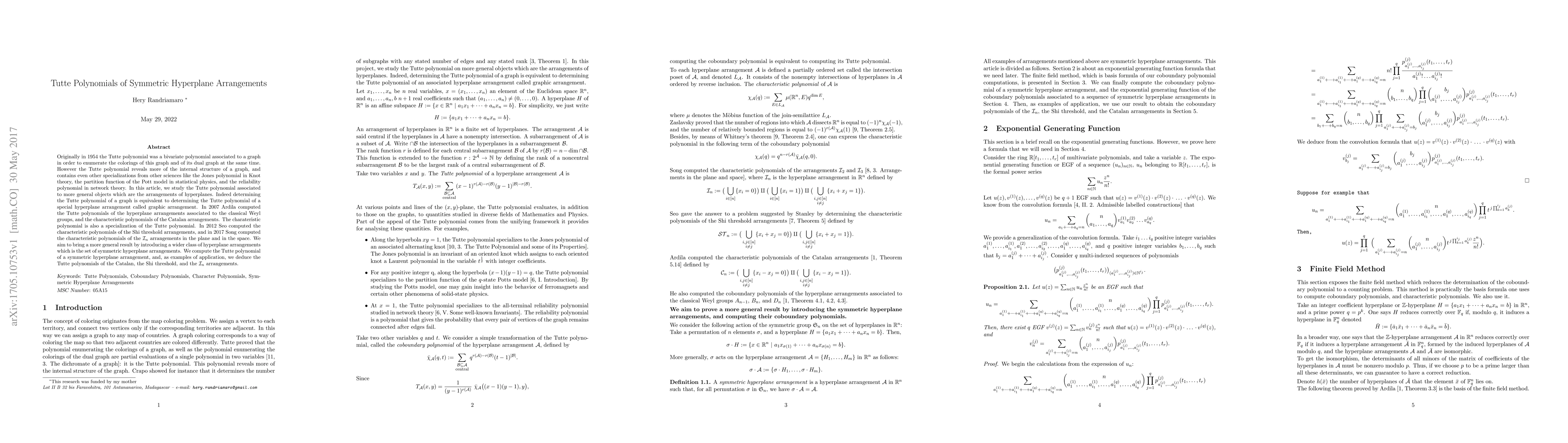 Thumbnail for Tutte Polynomials of Symmetric Hyperplane Arrangements