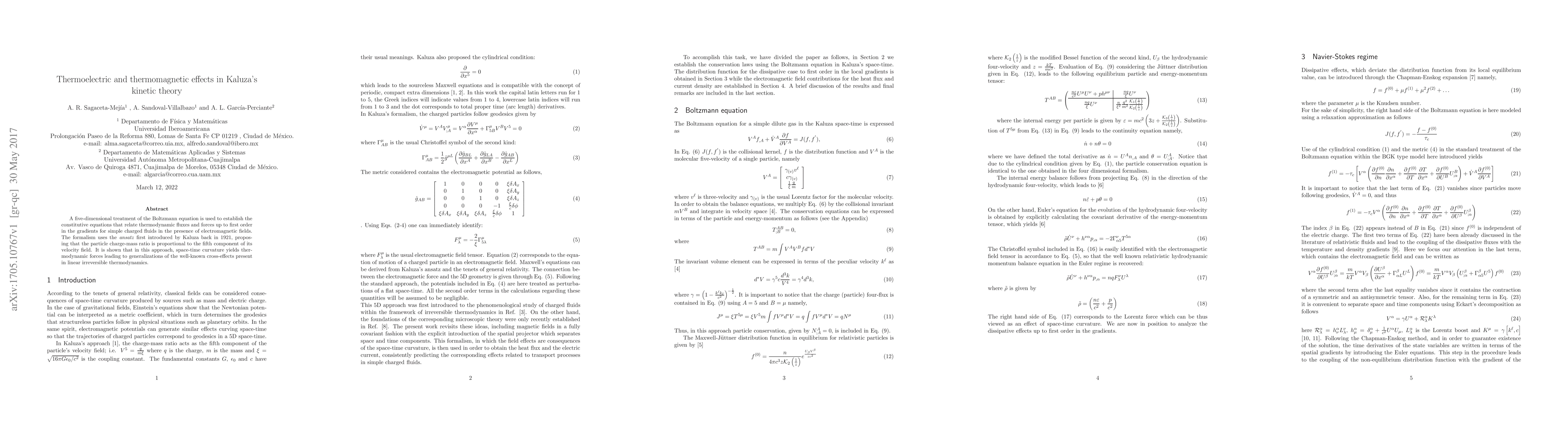 Thumbnail for Thermoelectric and thermomagnetic effects in Kaluza's kinetic theory