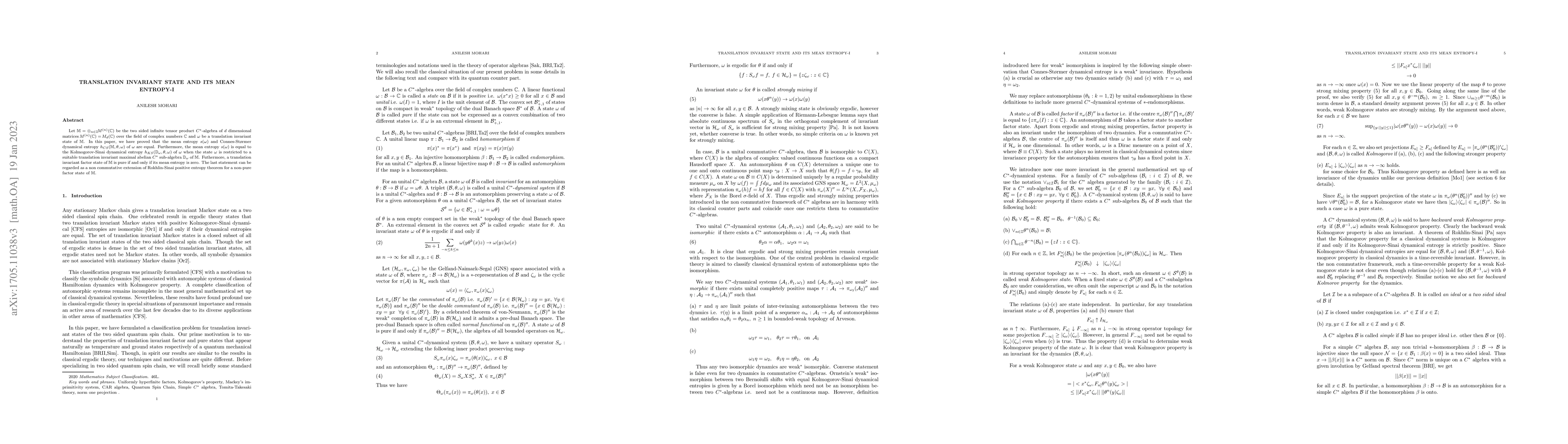 Thumbnail for Translation invariant state and its mean entropy-I