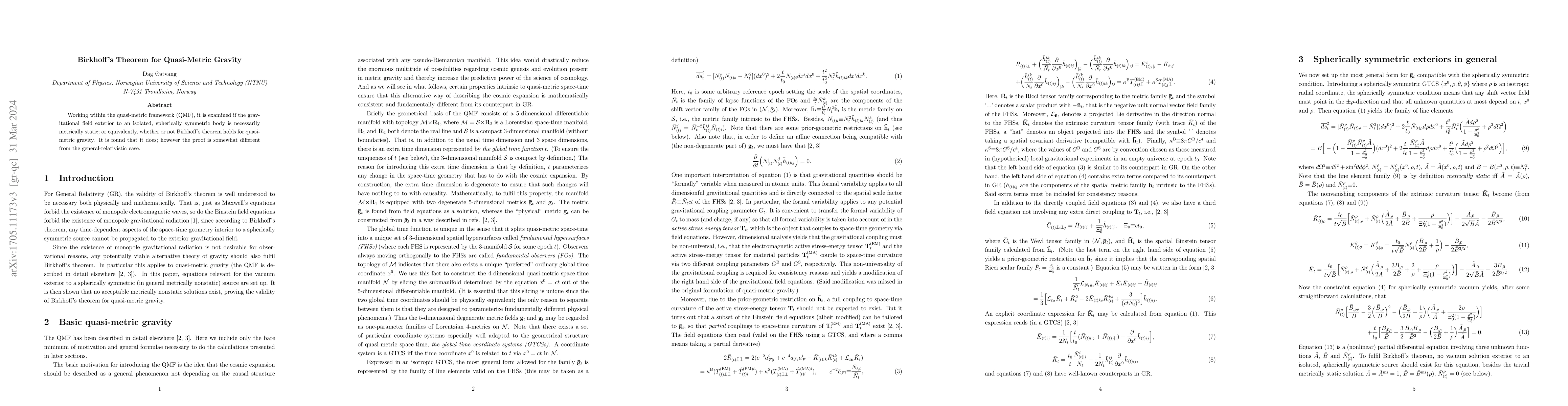 Thumbnail for Birkhoff's Theorem for Quasi-Metric Gravity