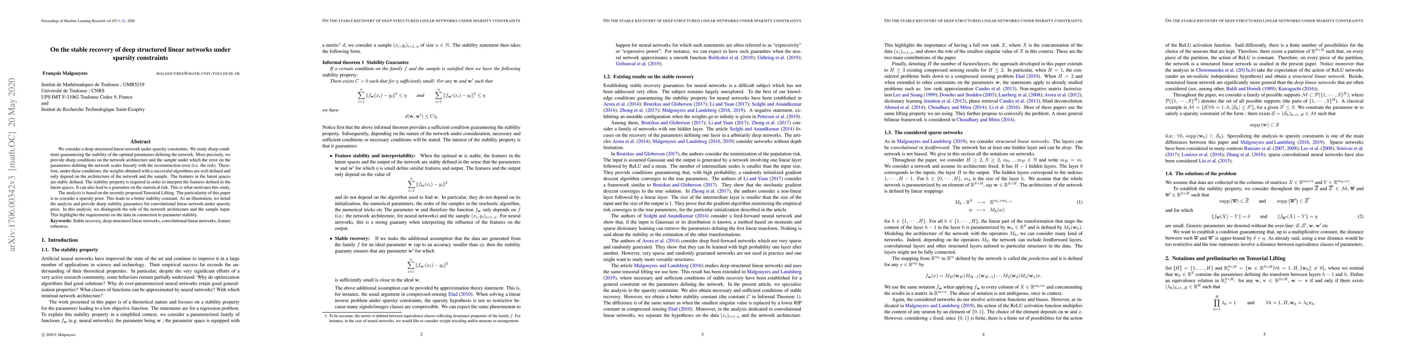 Thumbnail for On the stable recovery of deep structured linear networks under sparsity
  constraints