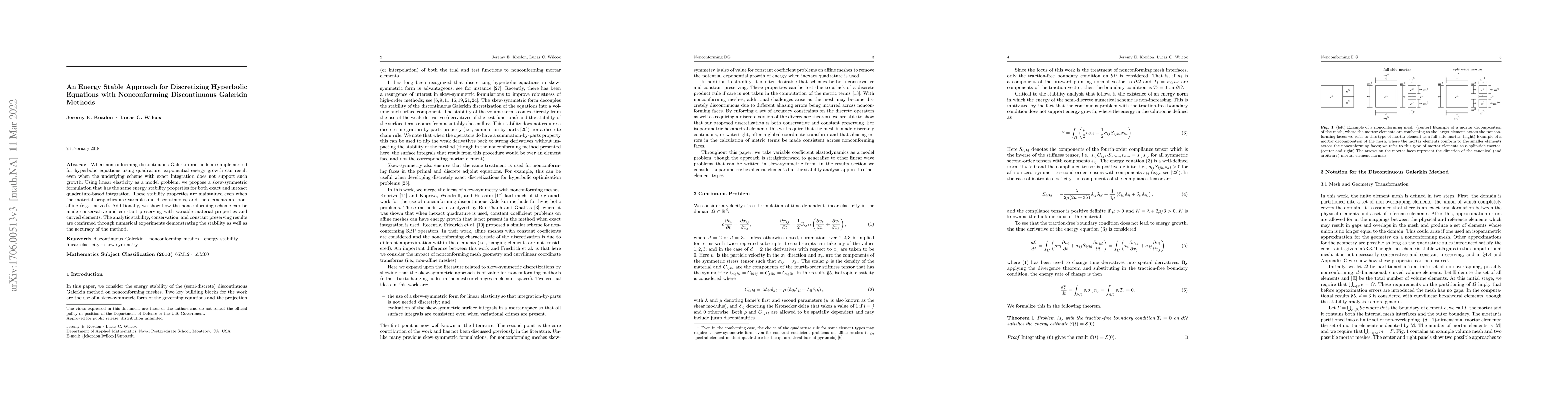 Thumbnail for An Energy Stable Approach for Discretizing Hyperbolic Equations with
  Nonconforming Discontinuous Galerkin Methods