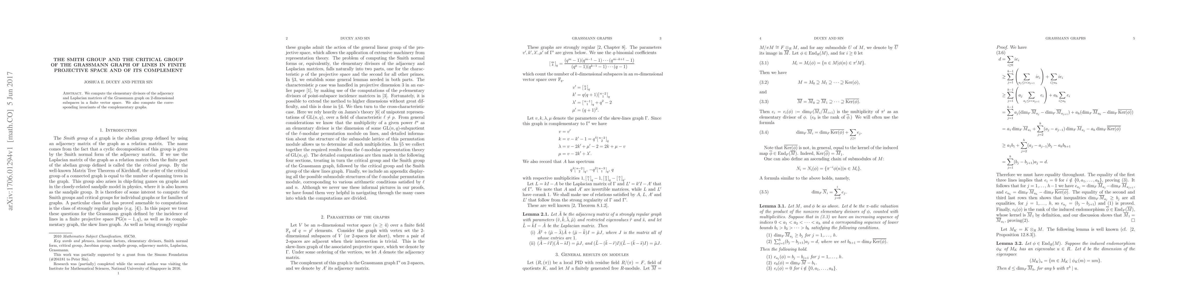 Thumbnail for The Smith group and the critical group of the Grassmann graph of lines
  in finite projective space and of its complement