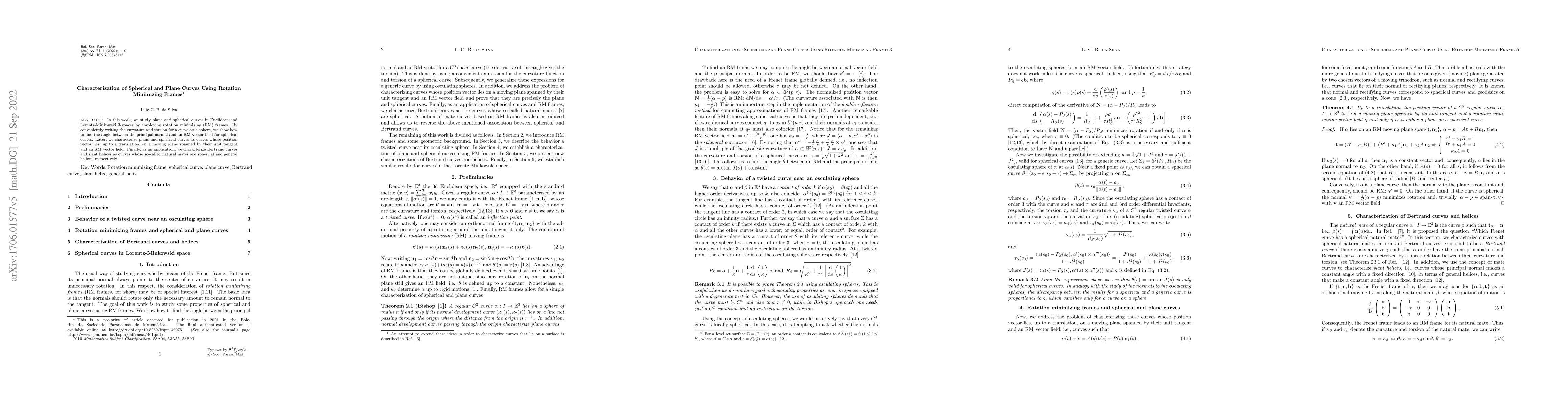 Thumbnail for Characterization of Spherical and Plane Curves Using Rotation Minimizing
  Frames