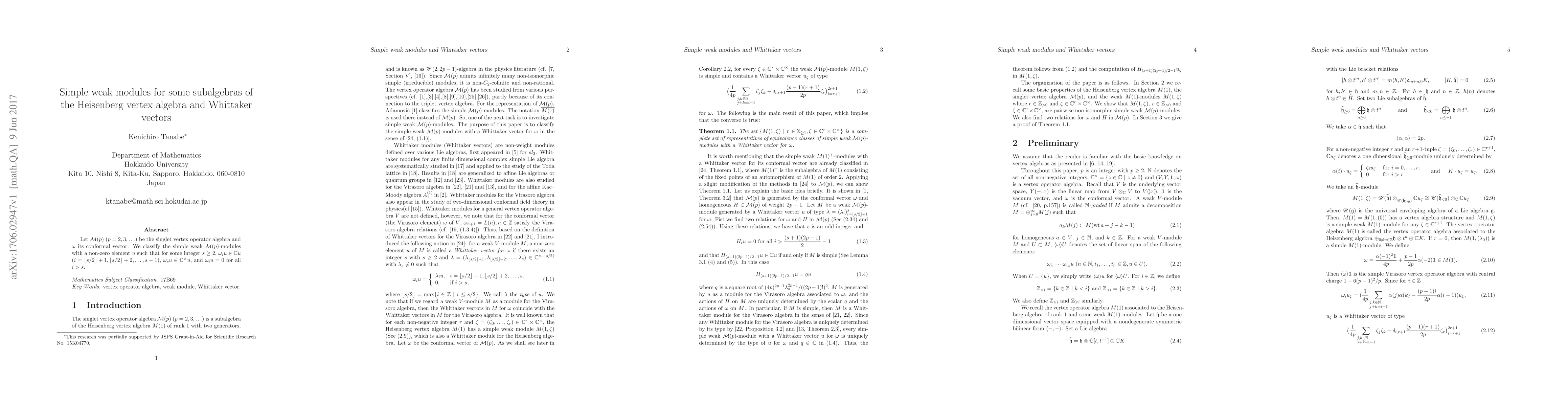 Thumbnail for Simple weak modules for some subalgebras of the Heisenberg vertex
  algebra and Whittaker vectors