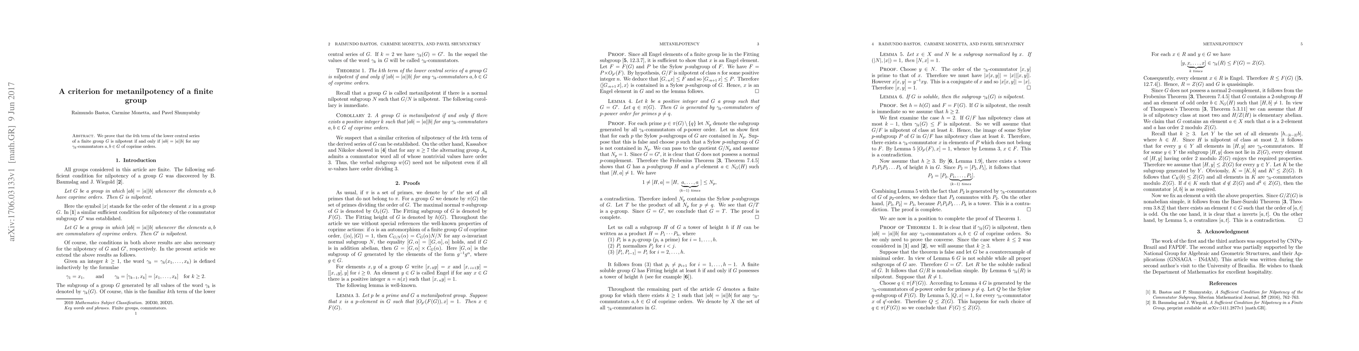 Thumbnail for A criterion for metanilpotency of a finite group