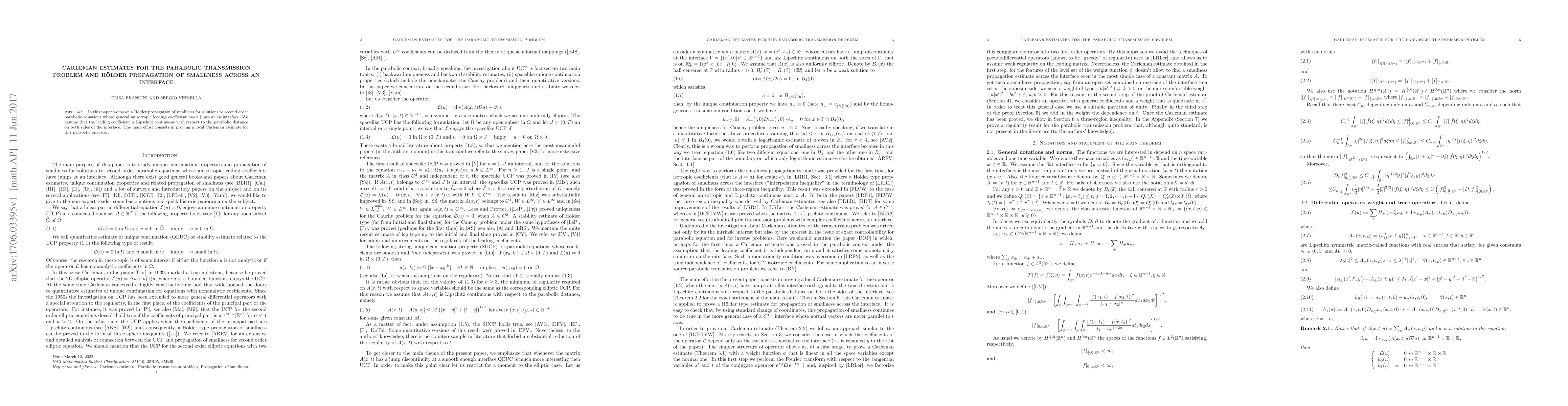 Thumbnail for Carleman estimates for the parabolic transmission problem and H\"older
  propagation of smallness across an interface