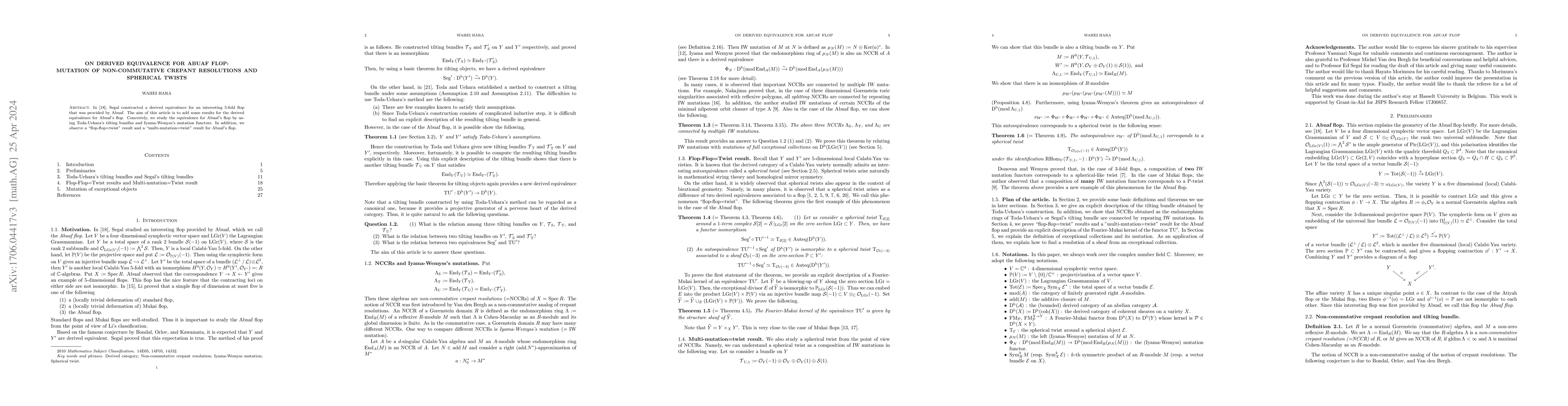 Thumbnail for On derived equivalence for Abuaf flop: mutation of non-commutative
  crepant resolutions and spherical twists