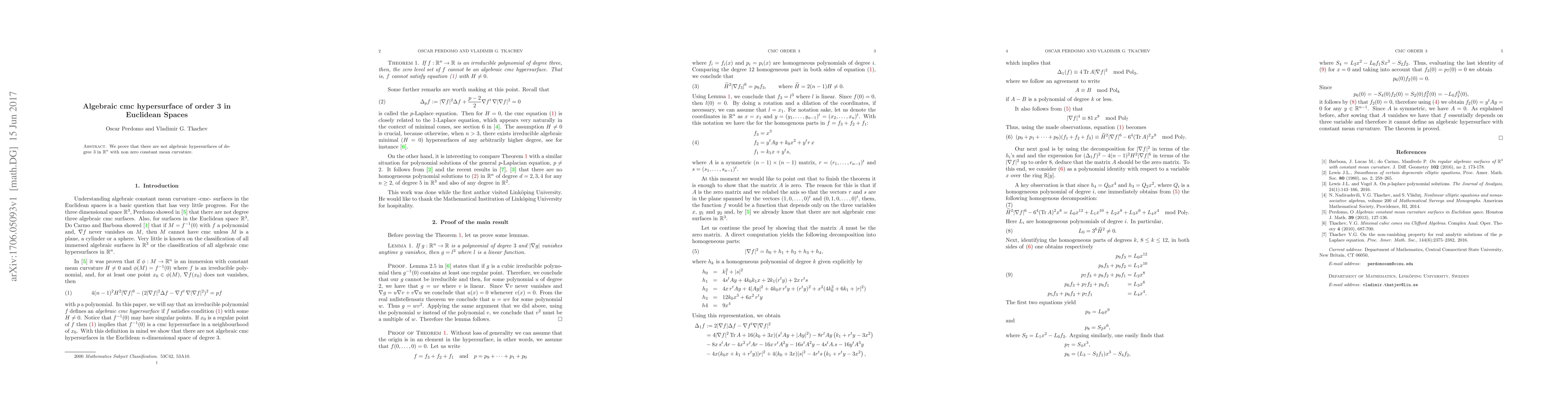 Thumbnail for Algebraic cmc hypersurface of order 3 in Euclidean spaces