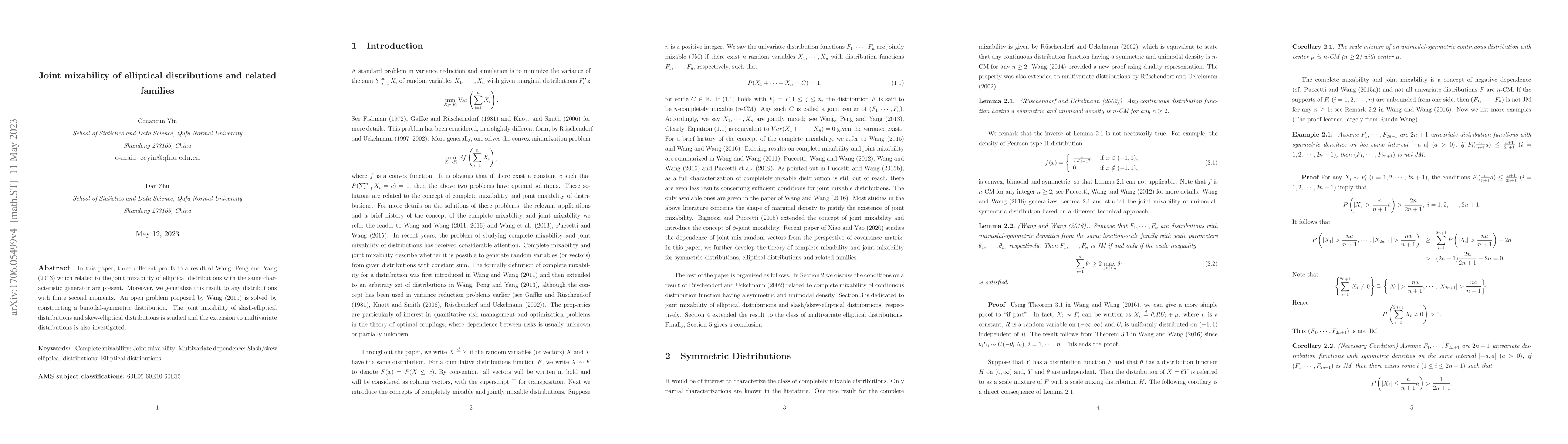 Thumbnail for Joint mixability of elliptical distributions and related families