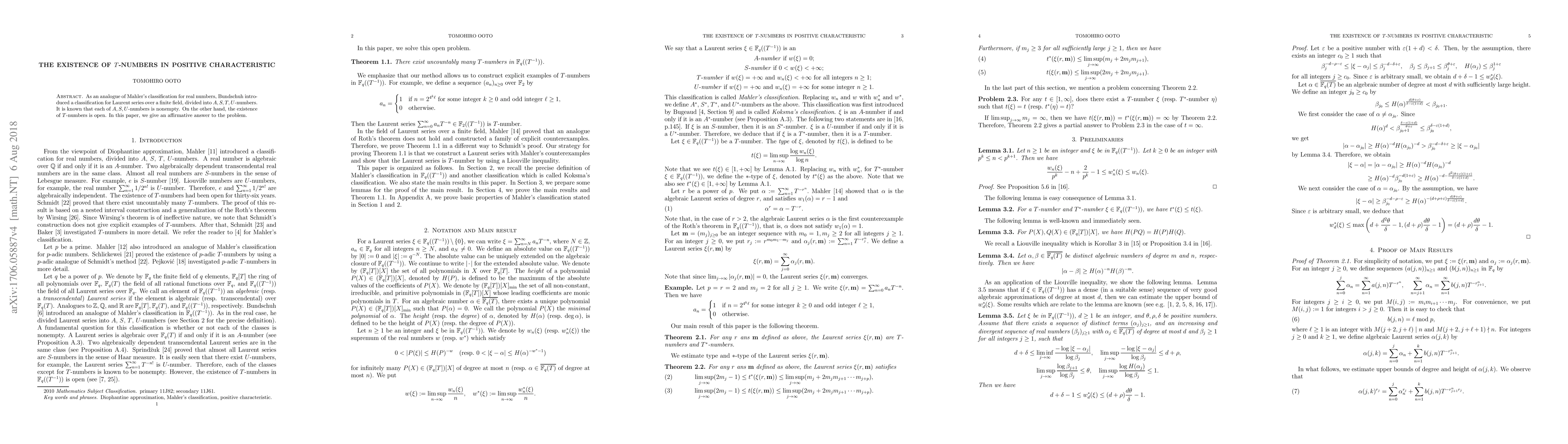 Thumbnail for The existence of $T$-numbers in positive characteristic