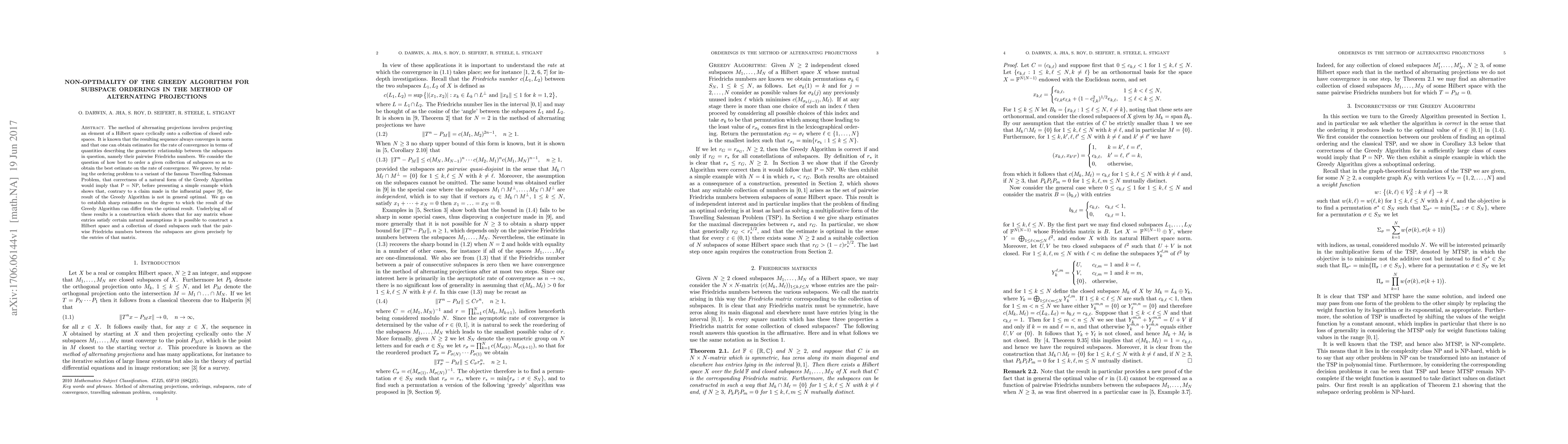 Thumbnail for Non-optimality of the Greedy Algorithm for subspace orderings in the
  method of alternating projections