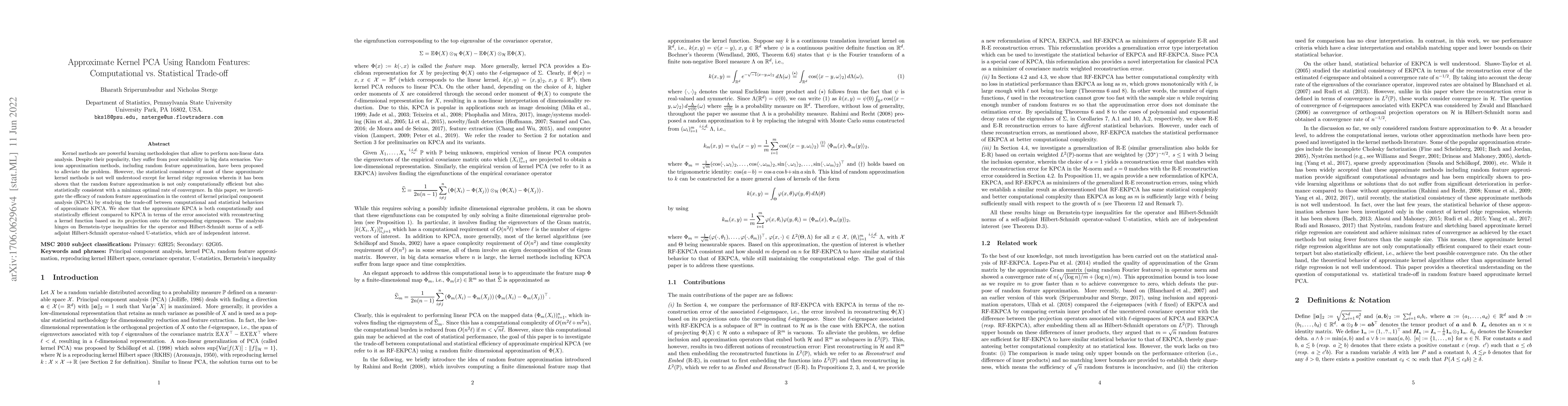 Thumbnail for Approximate Kernel PCA Using Random Features: Computational vs.
  Statistical Trade-off