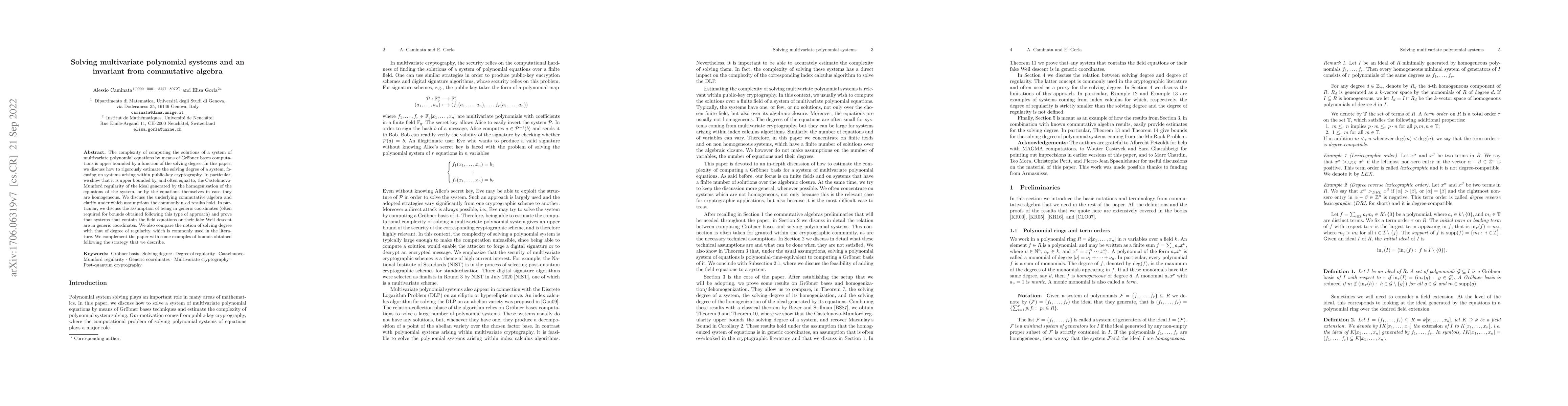Thumbnail for Solving multivariate polynomial systems and an invariant from
  commutative algebra
