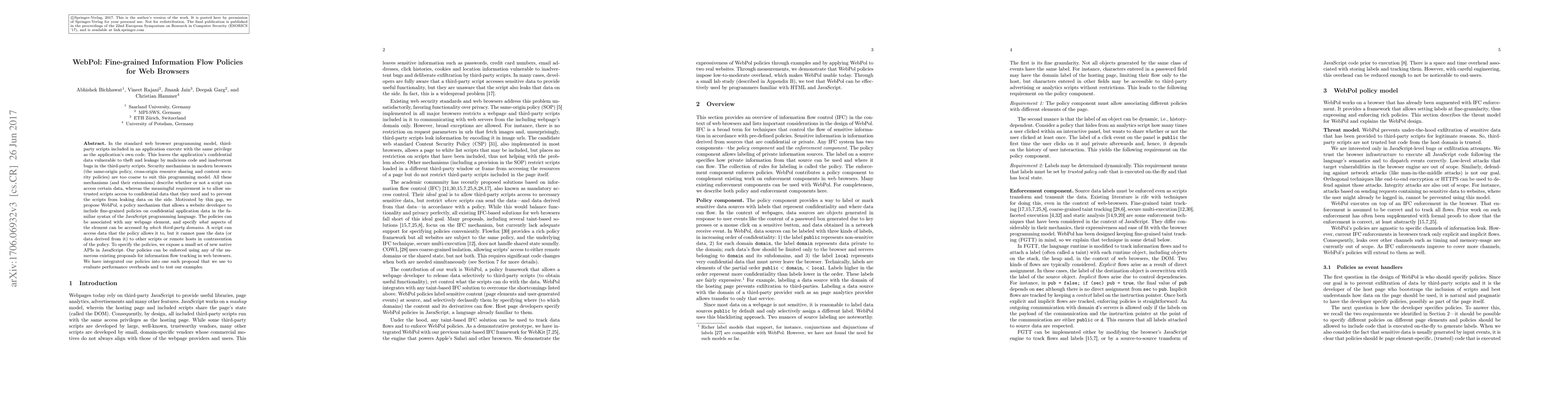 Thumbnail for WebPol: Fine-grained Information Flow Policies for Web Browsers
