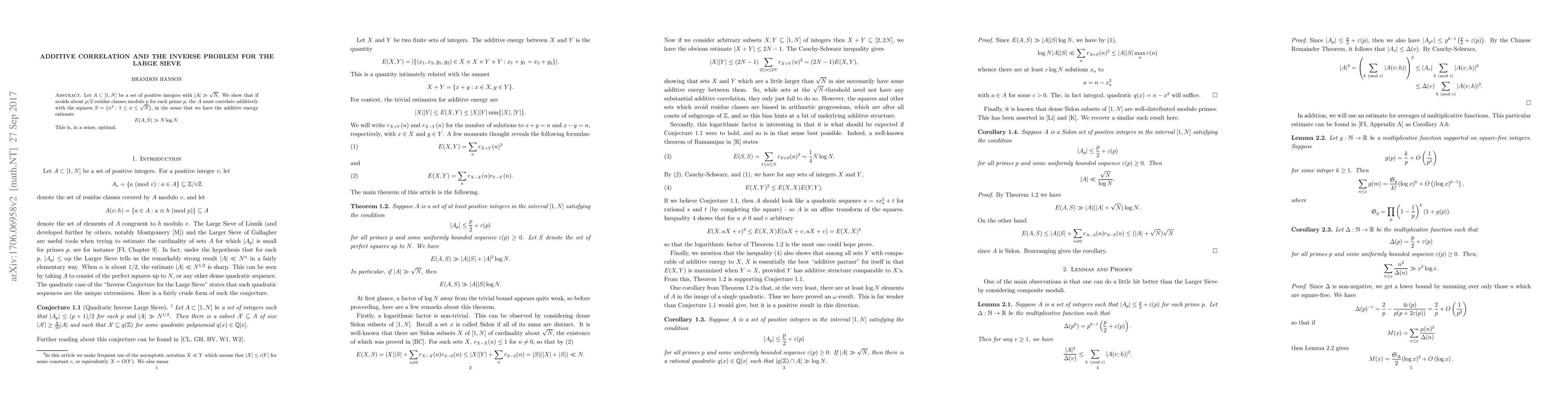 Thumbnail for Additive Correlation and the Inverse Problem for the Large Sieve