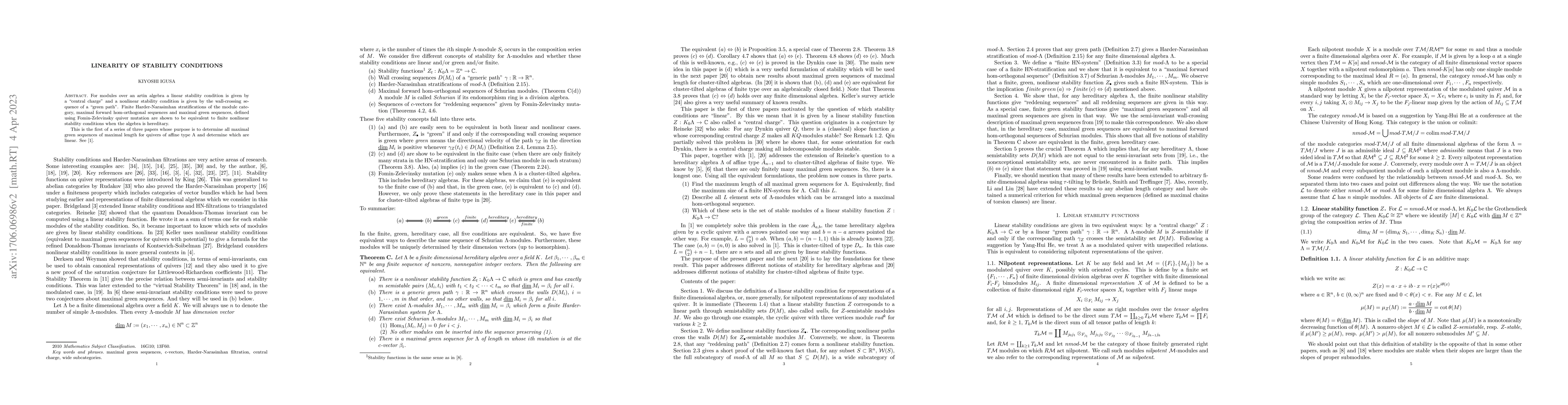 Thumbnail for Linearity of stability conditions