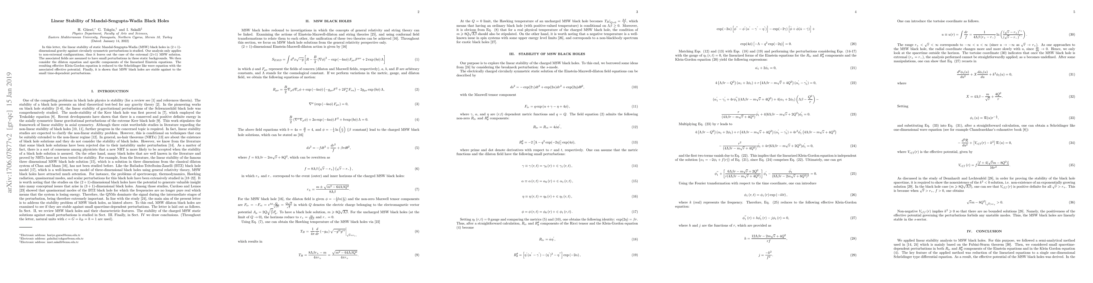 Thumbnail for Linear Stability of Mandal-Sengupta-Wadia Black Holes