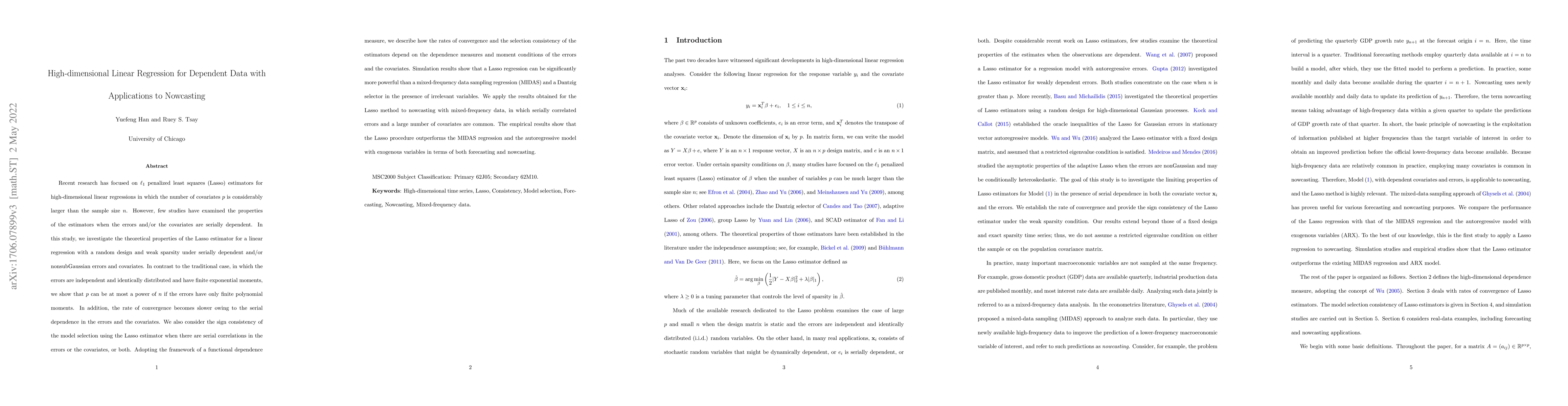 Thumbnail for High-dimensional Linear Regression for Dependent Data with Applications
  to Nowcasting