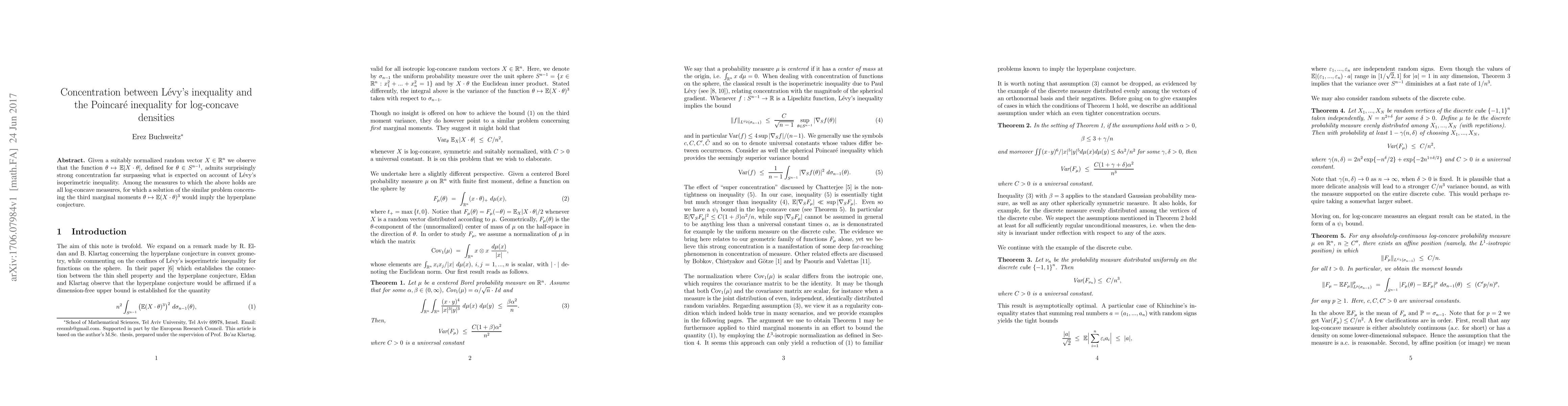 Thumbnail for Concentration between L\'evy's inequality and the Poincar\'e inequality
  for log-concave densities
