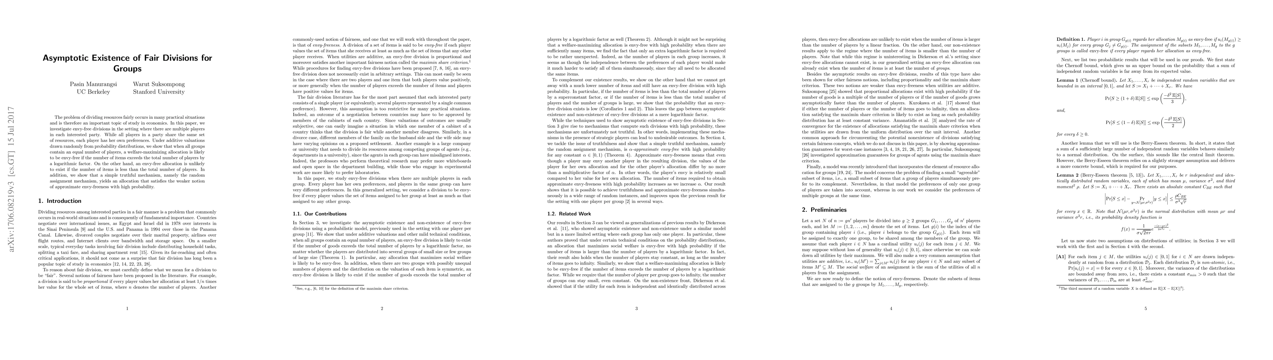 Thumbnail for Asymptotic Existence of Fair Divisions for Groups
